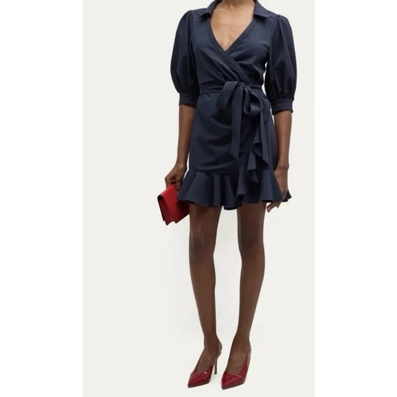 Cinq a Sept Vickie Puff-Sleeve Mini Wrap Dress Size 6 Navy Blue - Picture 6 of 16